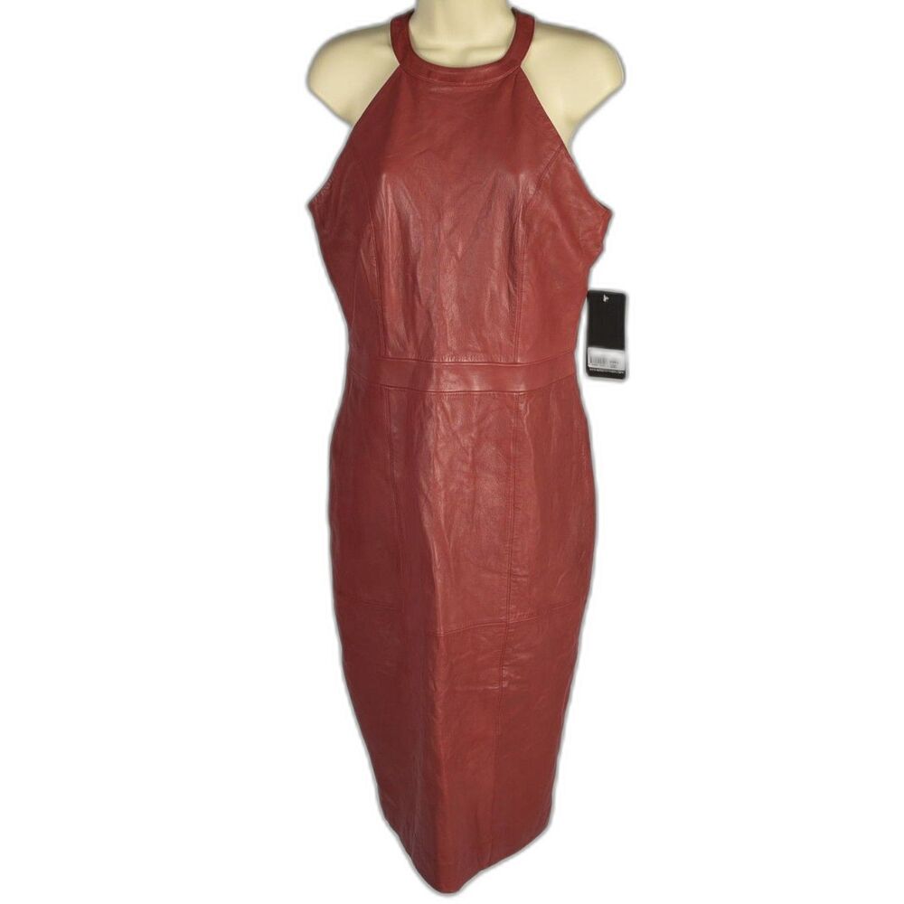 Bod & Christensen Ruby Red Sexy Modern Luxury Leather Halter Dress Size 8 NWT